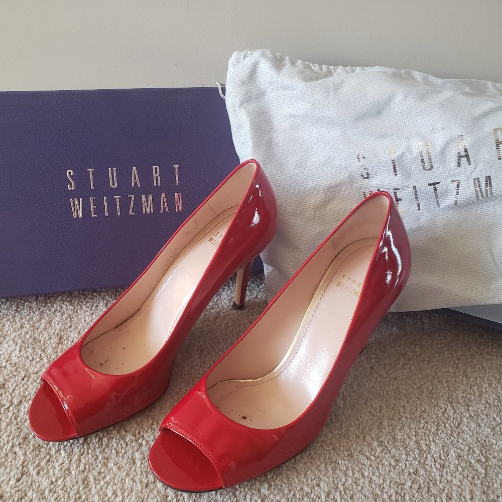 Stylish Red Amiline red patent peep toe pumps Stuart Weitzman 8
